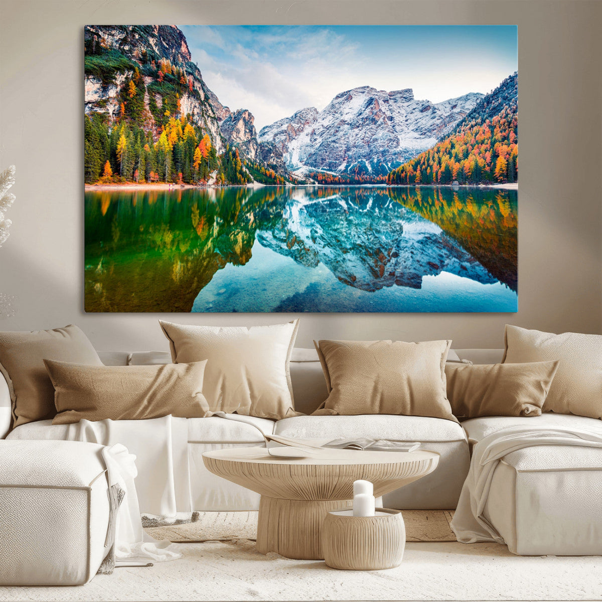 Spectacular autumn view of Braies Lake Wall Art Canvas Print