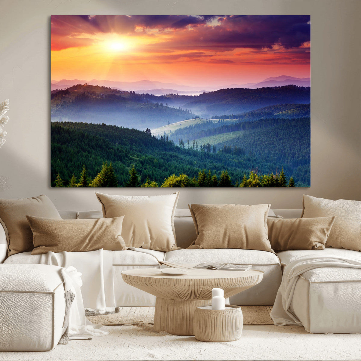 Beautiful Sunset over Hills Forest Landscape Canvas Wall Art