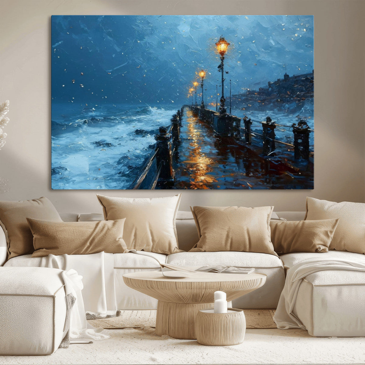 Stormy Night at Beach Pier Oil Painting Large Wall Art