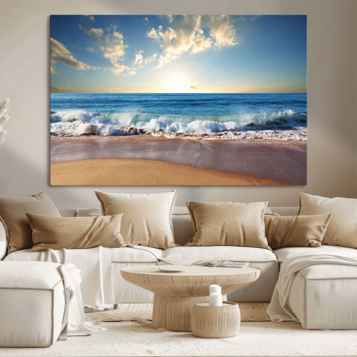 Serene Ocean Sunset Canvas Wall Art - Beach Waves at Sunset,