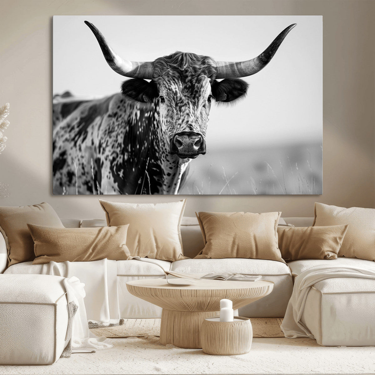 Texas Highland Cow Longhorn Canvas Print - Rustic Farmhouse