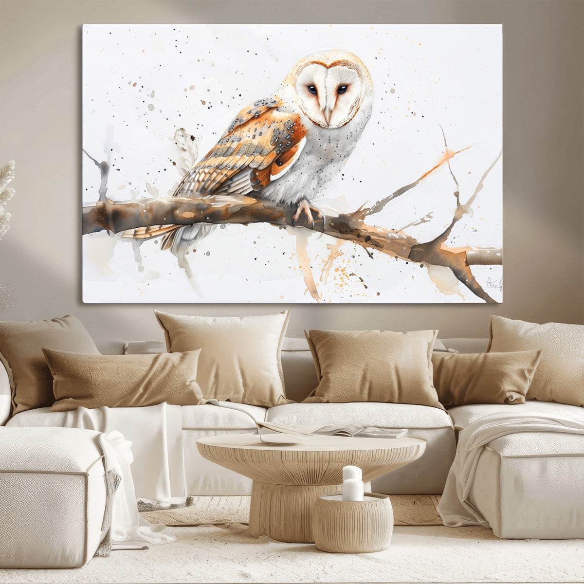 Barn Owl Wall Art on Branch | Stunning Canvas Print for