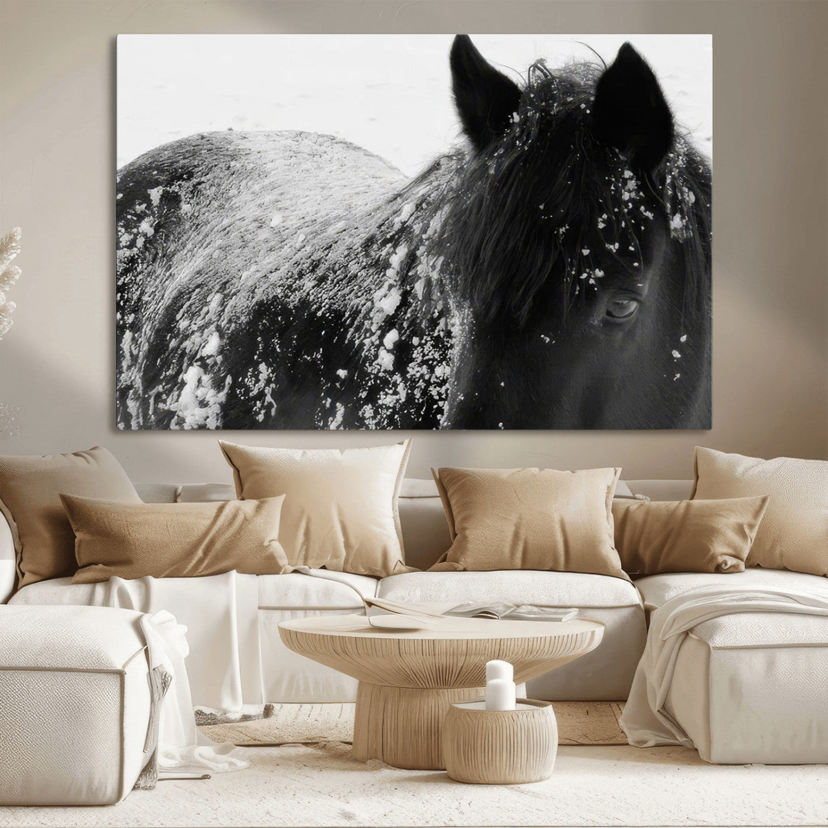 Black Horse in Snow Canvas Print | Winter Horse Wall Art |
