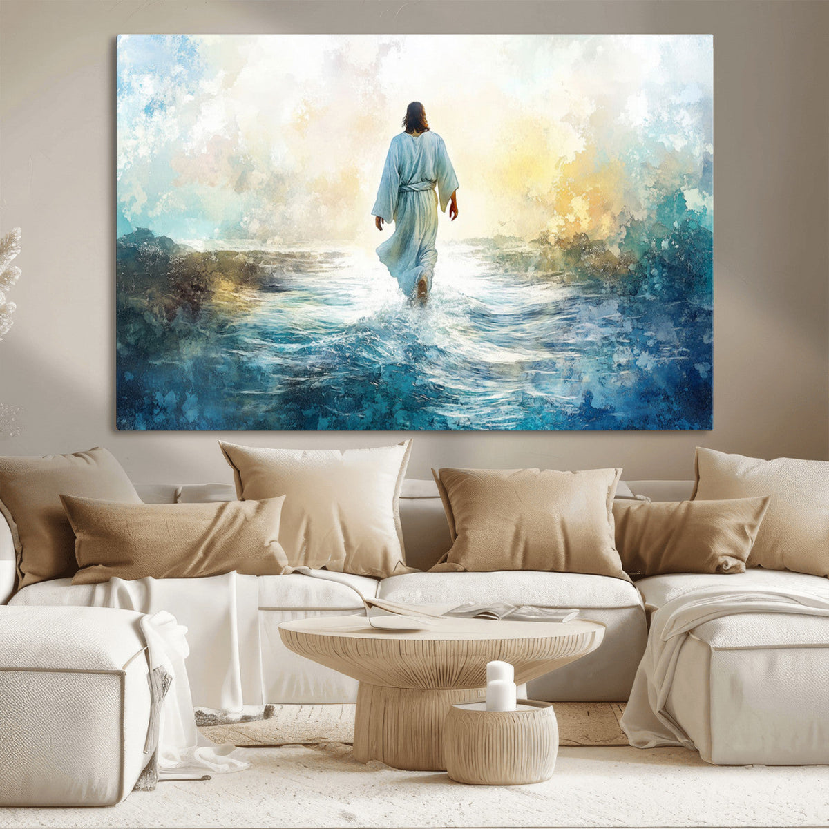 Watercolor Jesus Walking on Water Canvas Print, Christian
