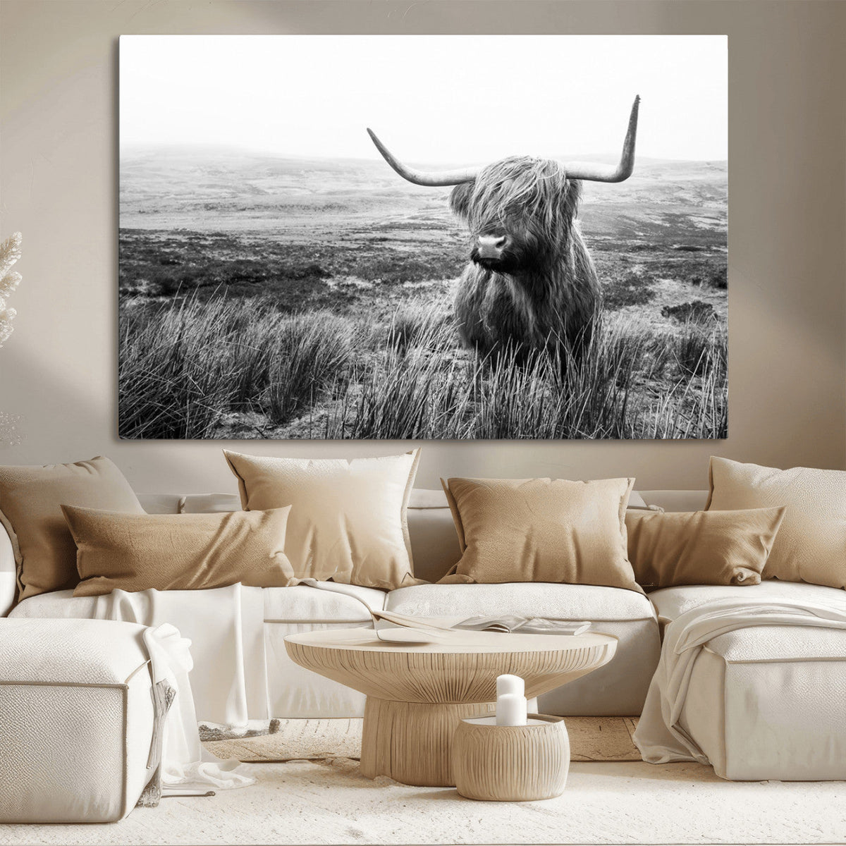 Scottish Highland Cow Wall Art | Black and White Canvas