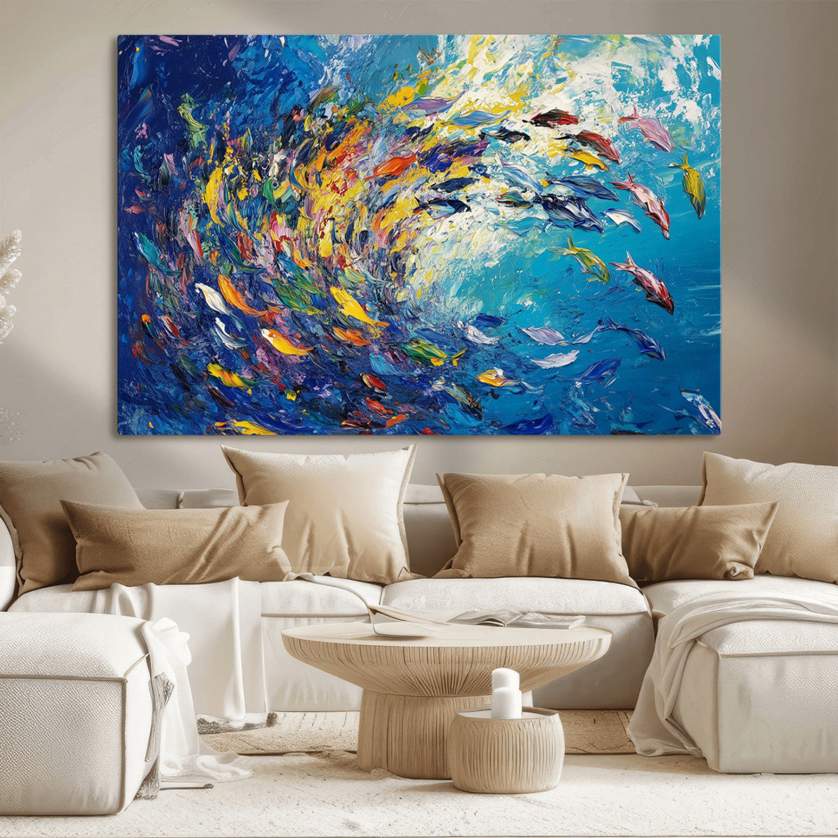 Colorful Swirling Fish School Wall Art Canvas Print |