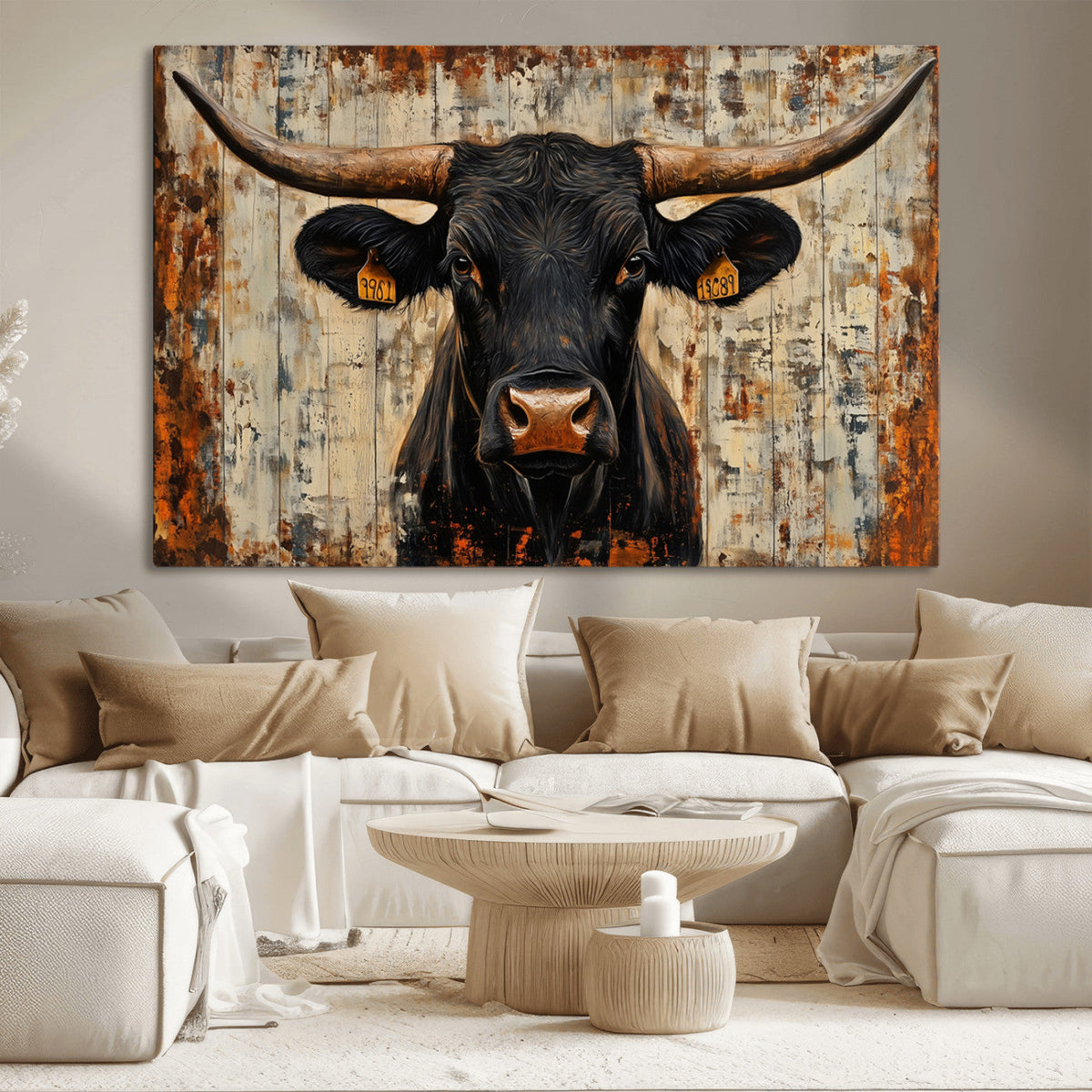 Rustic Texas Artwork Wall Art Canvas Print - Abstract Cow