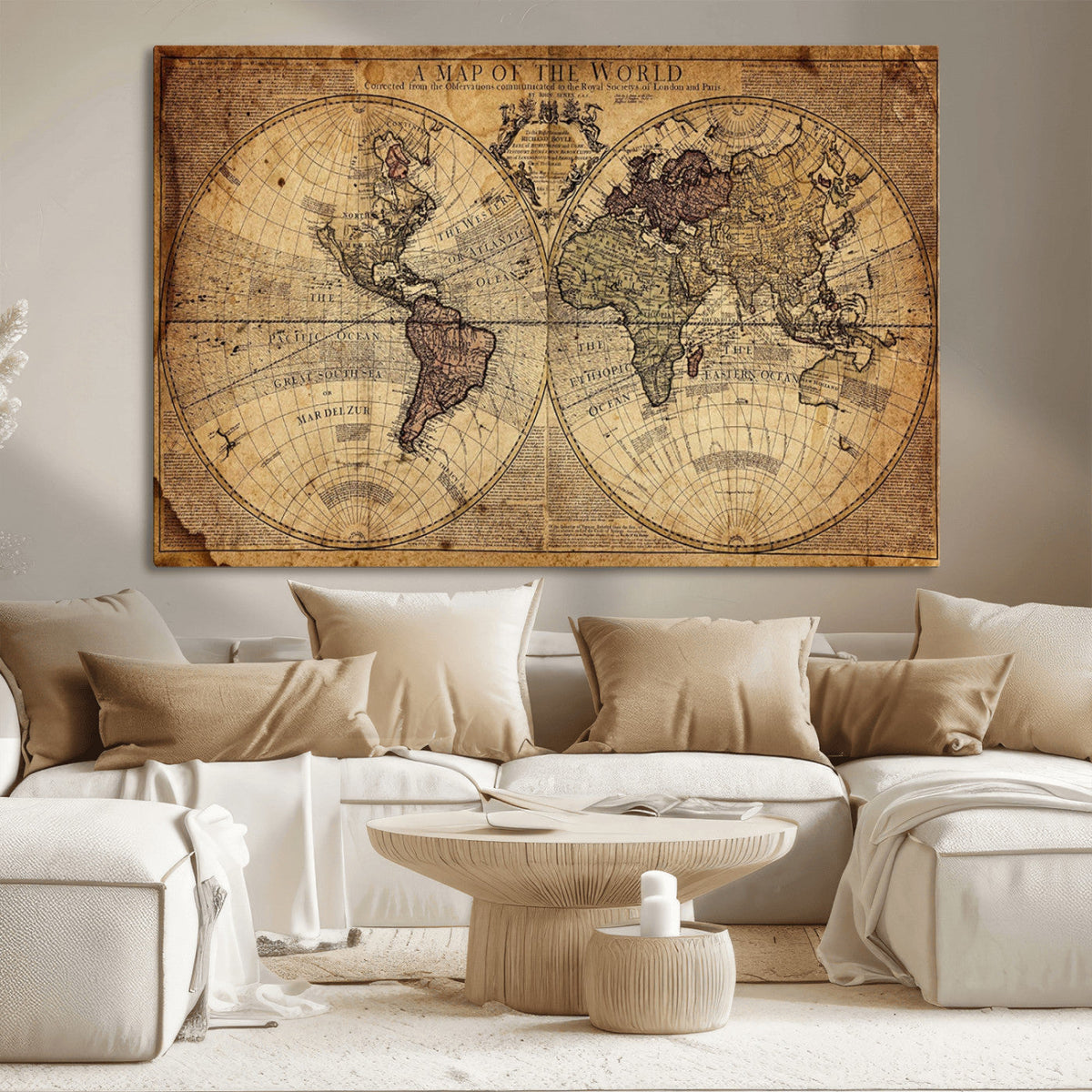 Vintage World Map Wall Art Canvas – Antique Style Push Pin