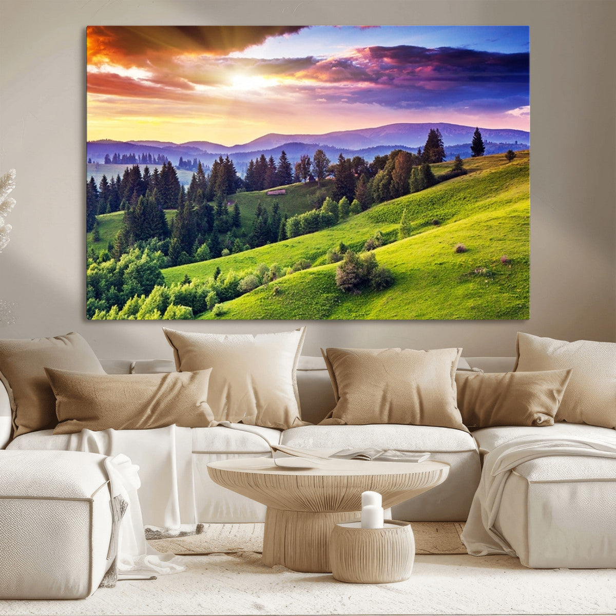 Green Hills and Sunset Wall Art Print - Scenic Landscape