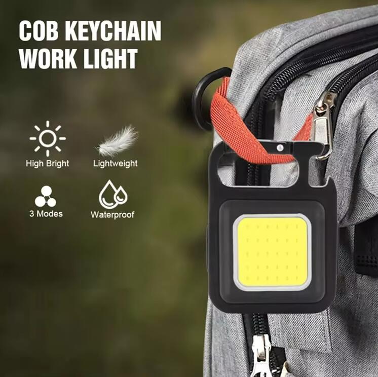 2-Pack Rechargeable COB Keychain Work Lights – EDC Flashlight with Folding Stand & Bottle Opener for Camping, Fishing, and Emergencies