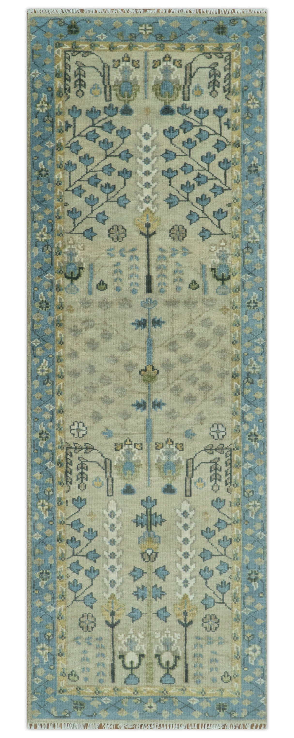 Custom Made Hand Knotted Tree of Life Beige And Blue Runner Wool Rug