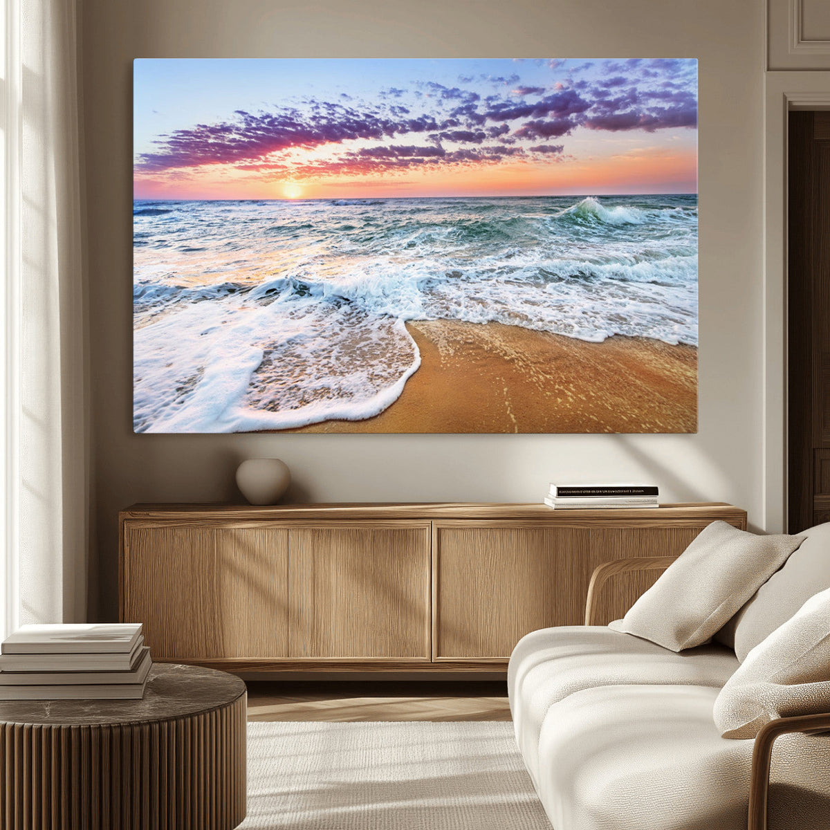 Coastal Sunset Art Beach Canvas Wall Art Print | Ocean Waves