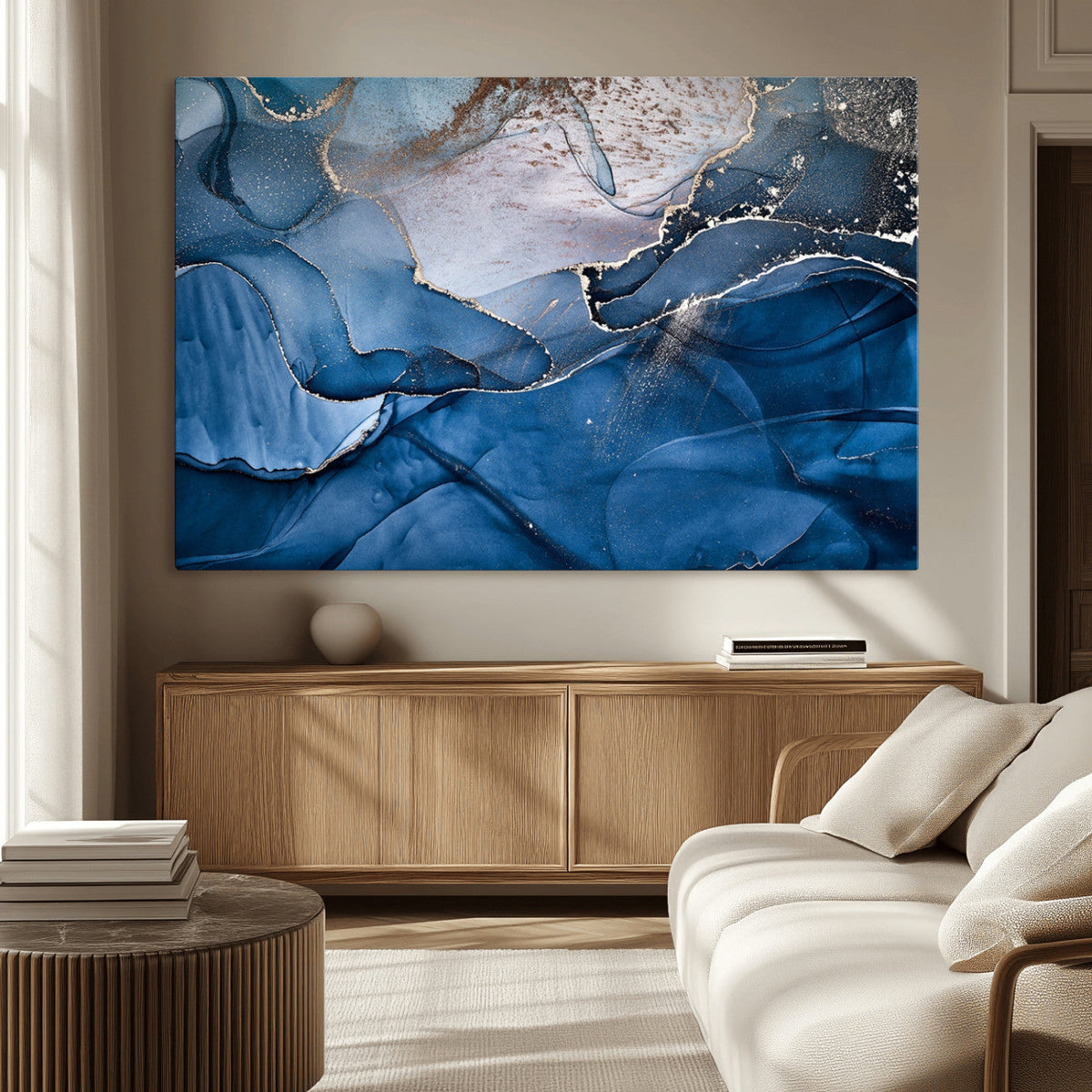 Navy Blue Canvas Art Abstract Print – Elegant Triptych