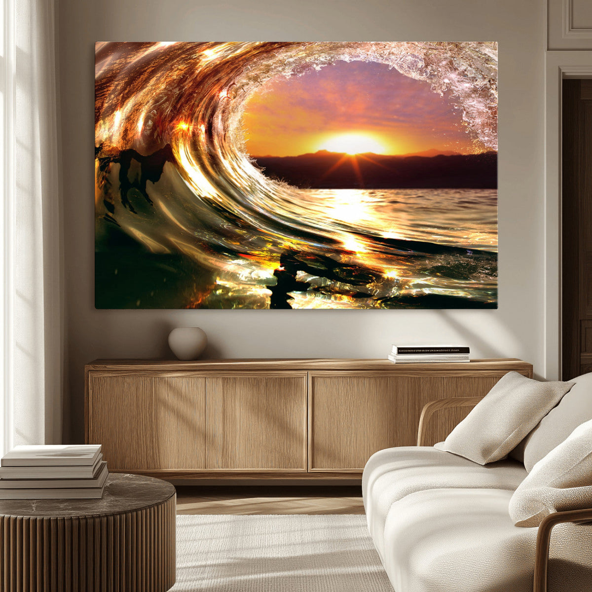 Golden Wave Sunset Triptych Canvas Art, Giclee Canvas Print