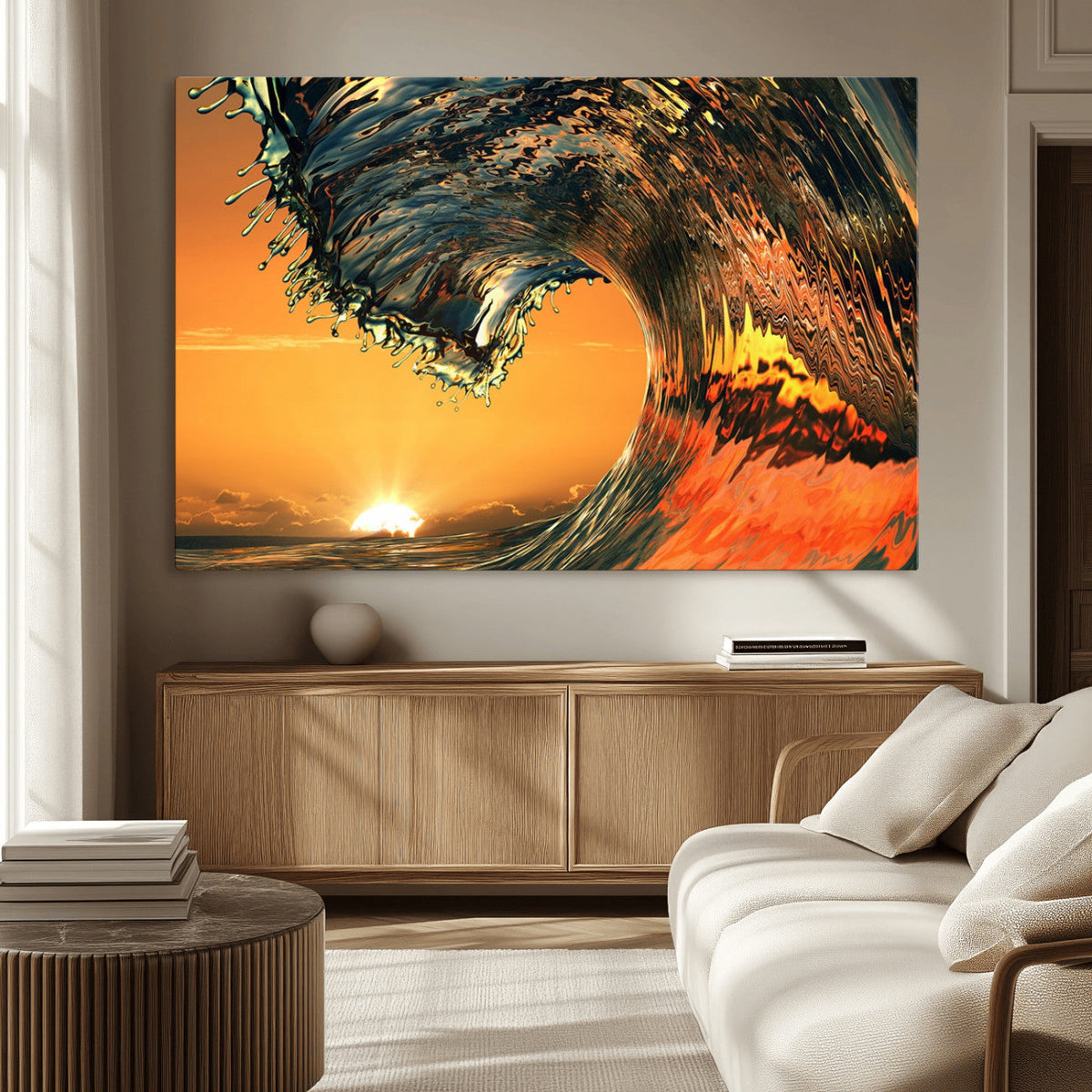 Surf Wave Sunset Canvas Wall Art Print, 3-Panel Ocean