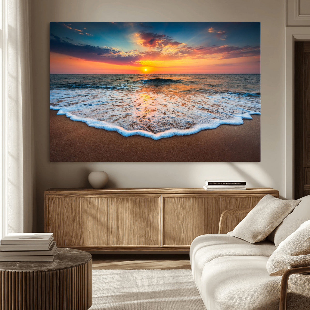 Sunset Beach Canvas Wall Art – Colorful Ocean Waves Triptych