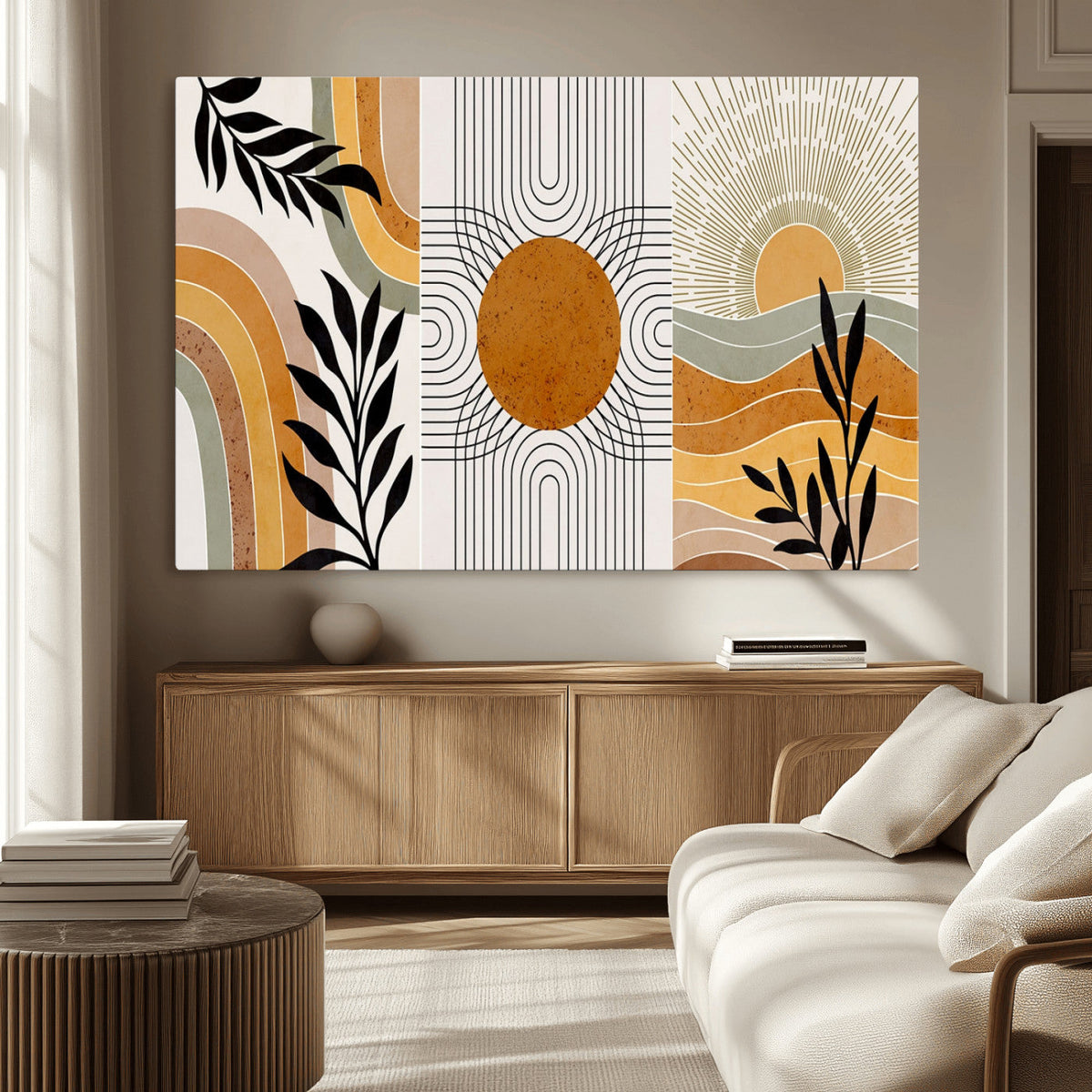 Modern Boho Sun and Leaf Abstract Art – 3-Panel Giclée