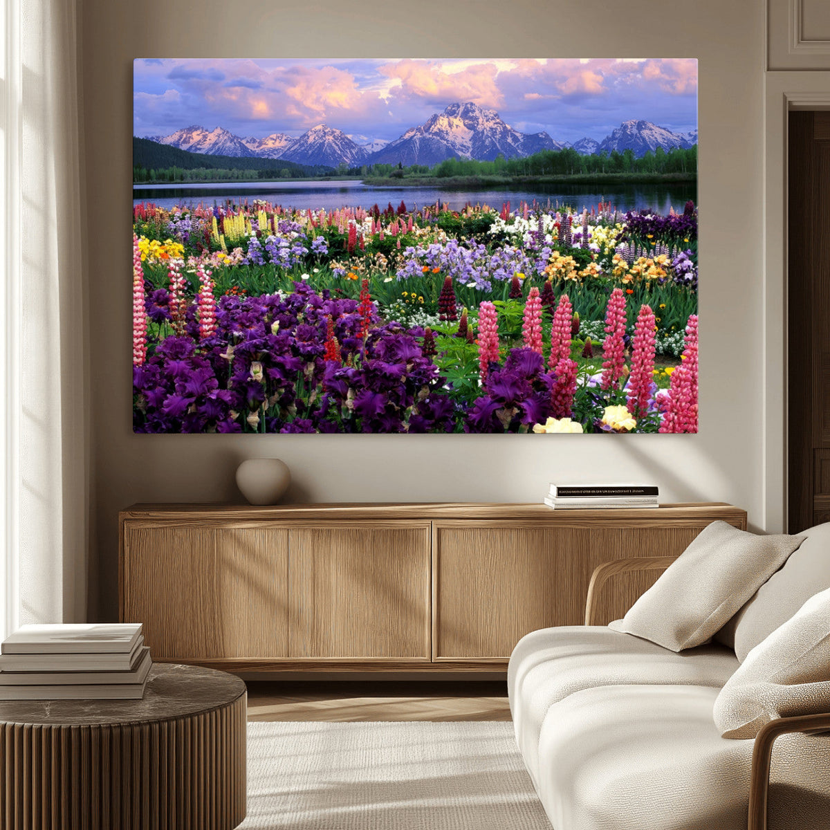 Vibrant Wildflower Garden and Mountain View Giclee Canvas