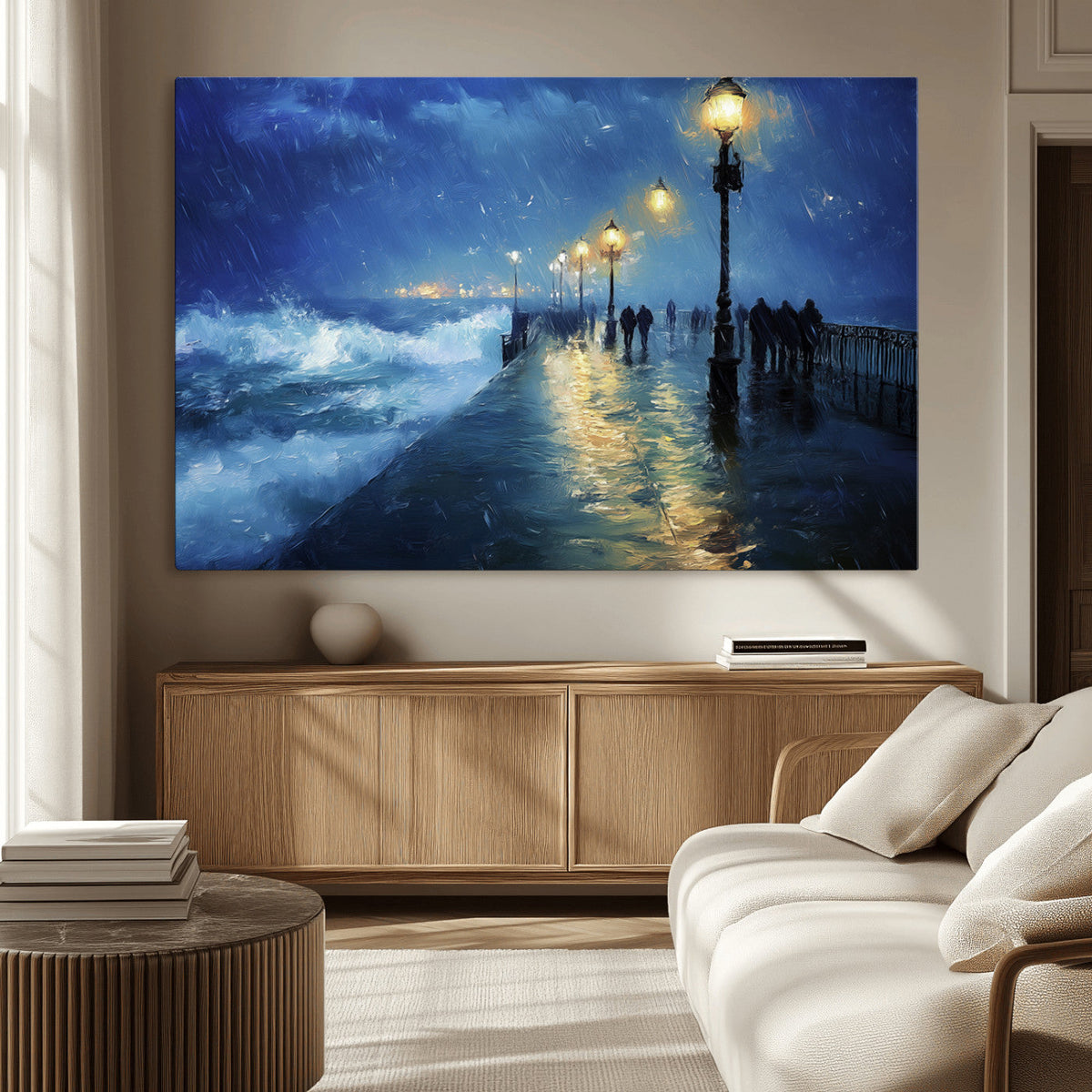 Storm Ocean Pier Canvas Wall Art Print - Large Moody Night