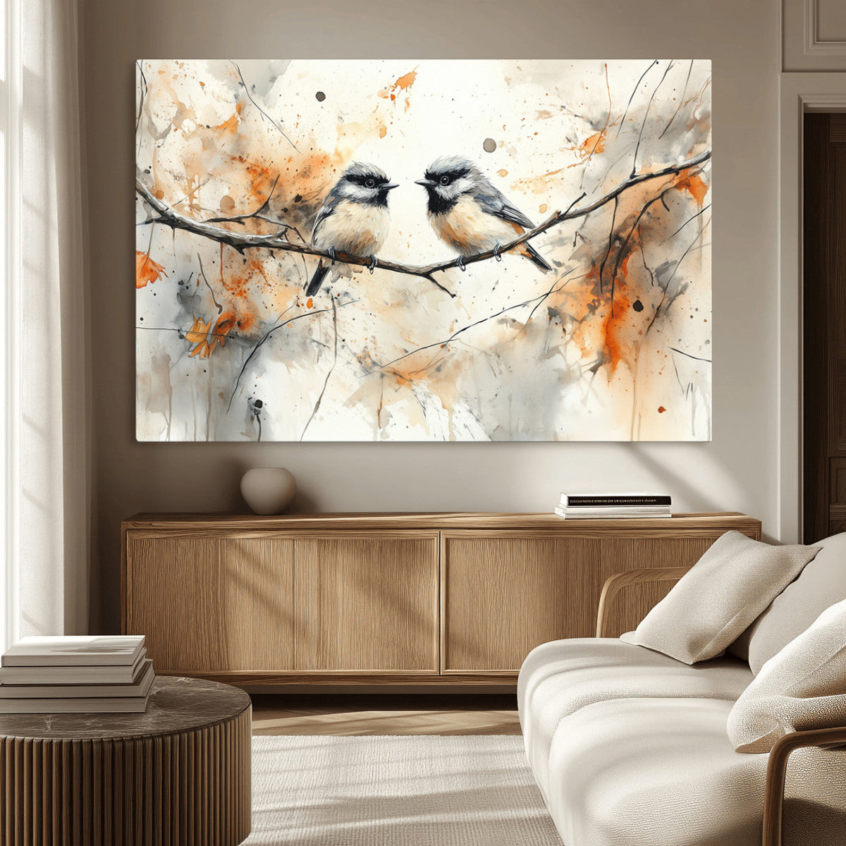 Abstract Watercolor Chickadee Bird Canvas Wall Art Print -