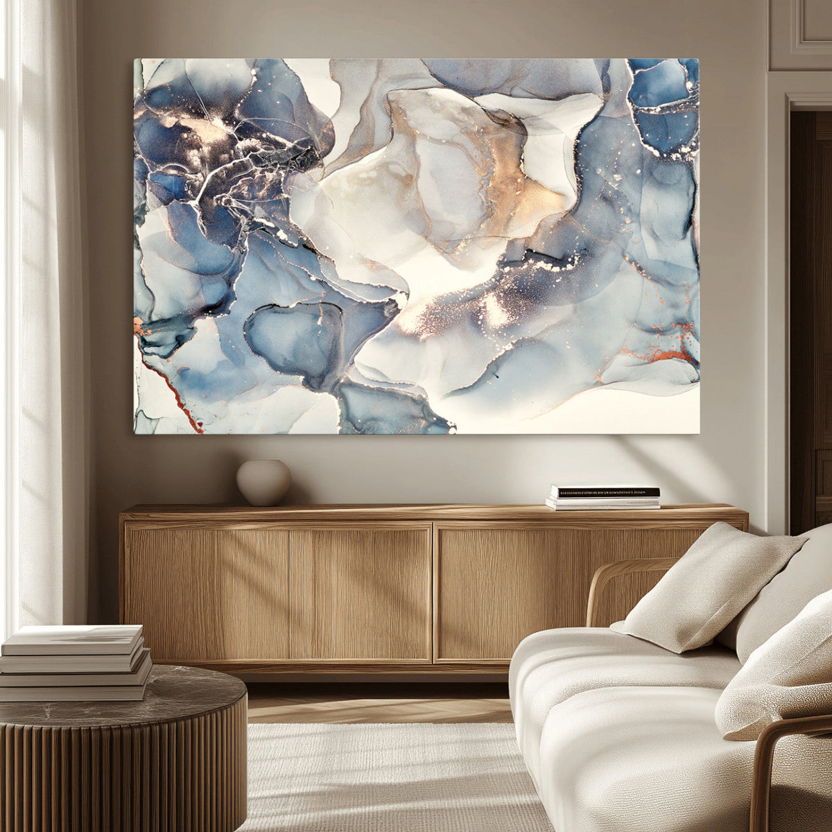 Abstract Blue and Gold Canvas Wall Art - Fluid Modern Ink