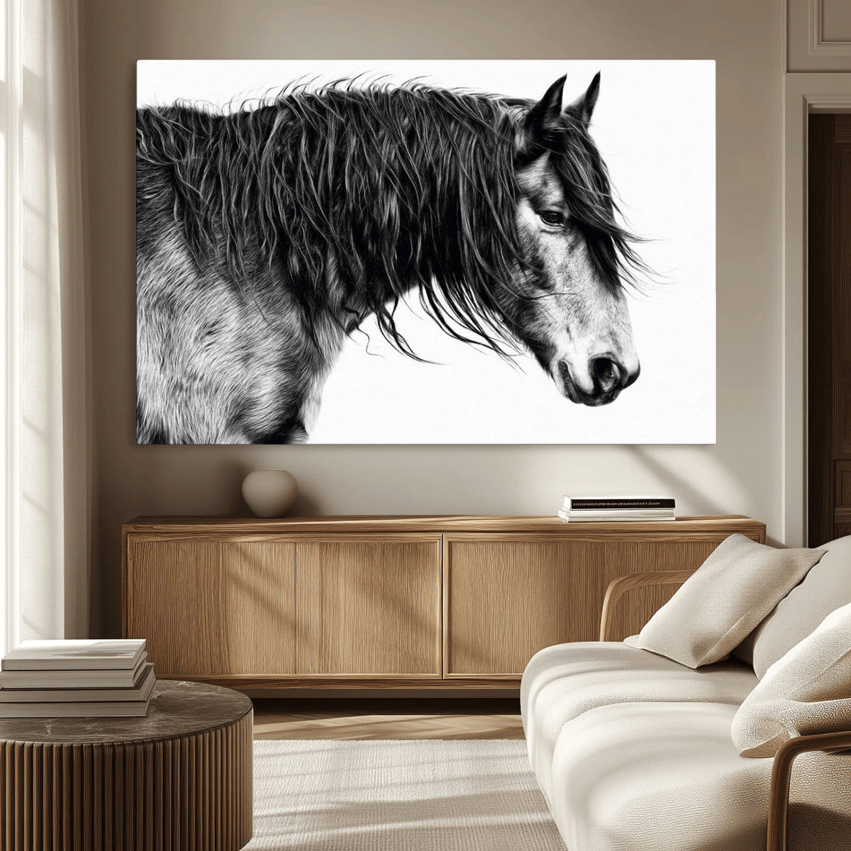 Majestic Horse Wall Art – Framed Black White Portrait Canvas