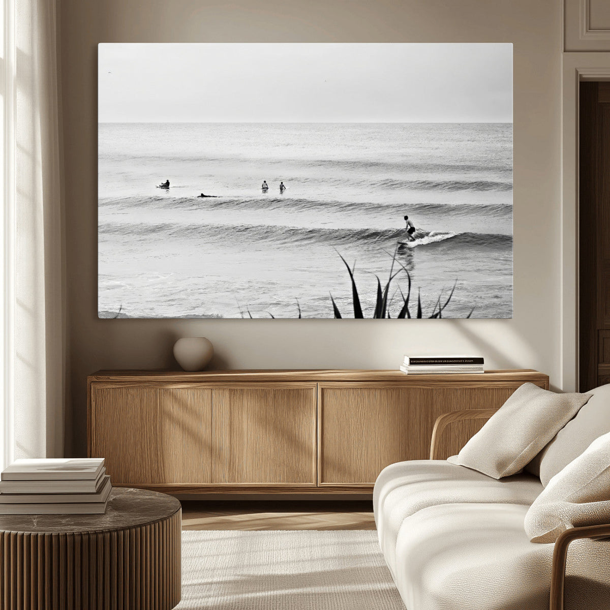 Surfer Silhouette Wall Art – Framed Calm Ocean Canvas