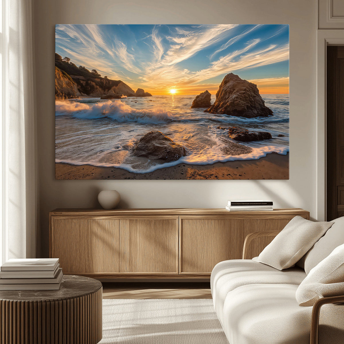 Rocky Ocean Sunset Wall Art Print – Seaside Canvas Dramatic