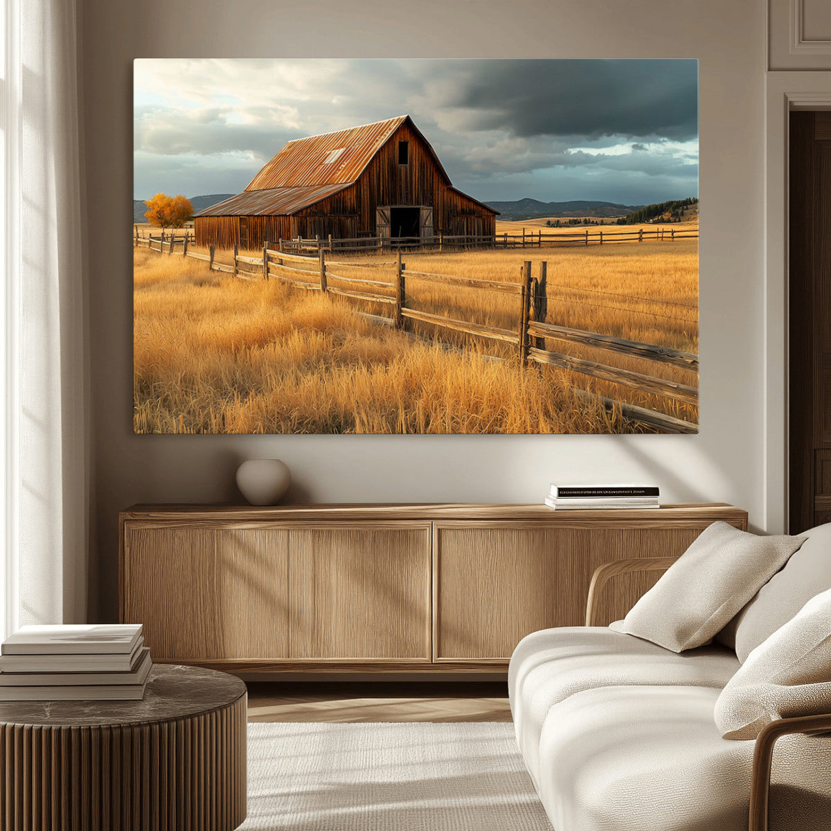 Golden Sunset Barn Wall Art Canvas Print, Rustic Autumn Farm