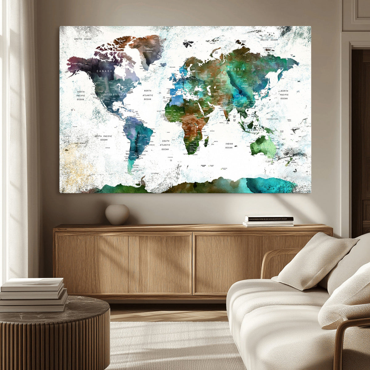 Modern Watercolor World Map Canvas Wall Art – Framed