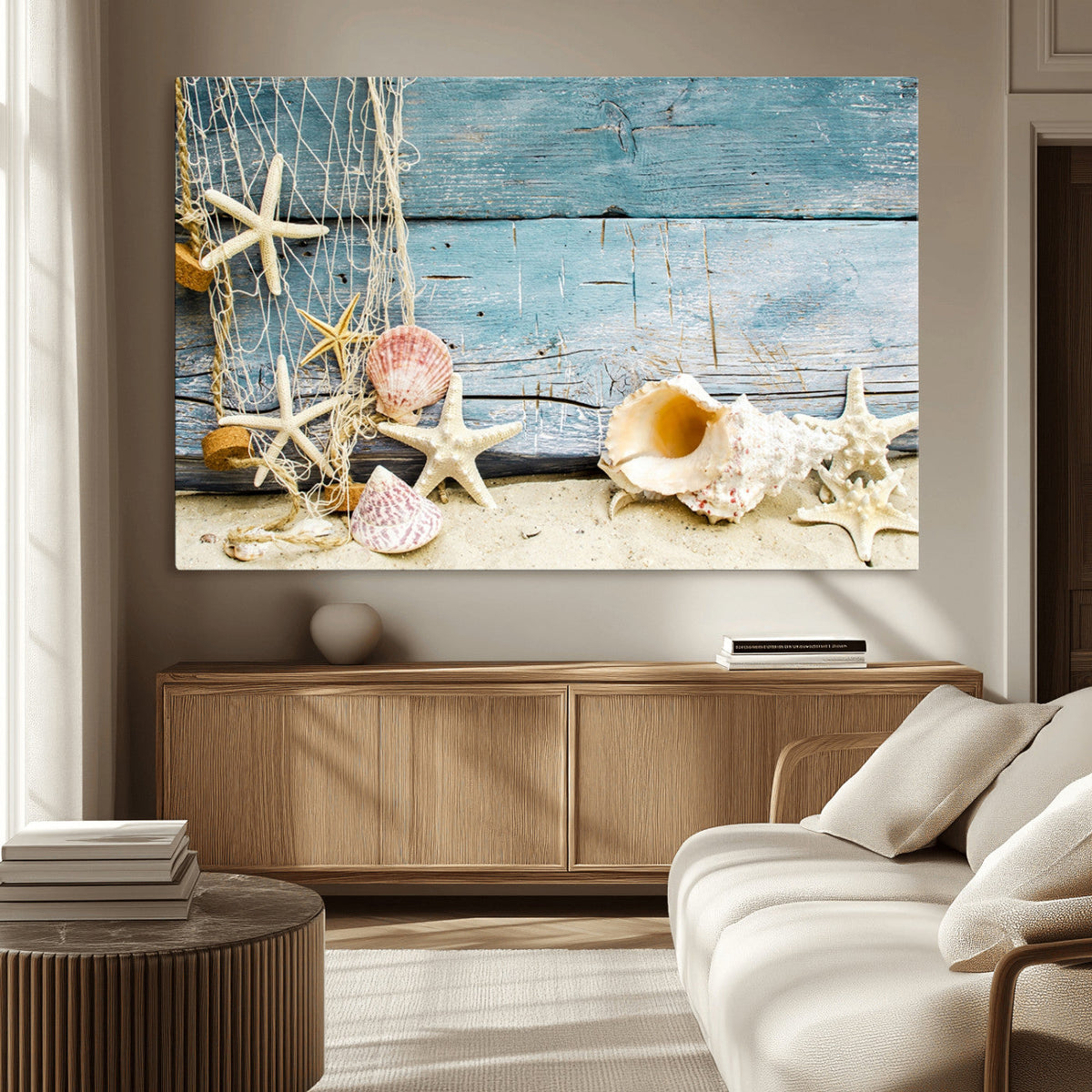 Seashells on Rustic Wooden Background, Seashells Wall Art