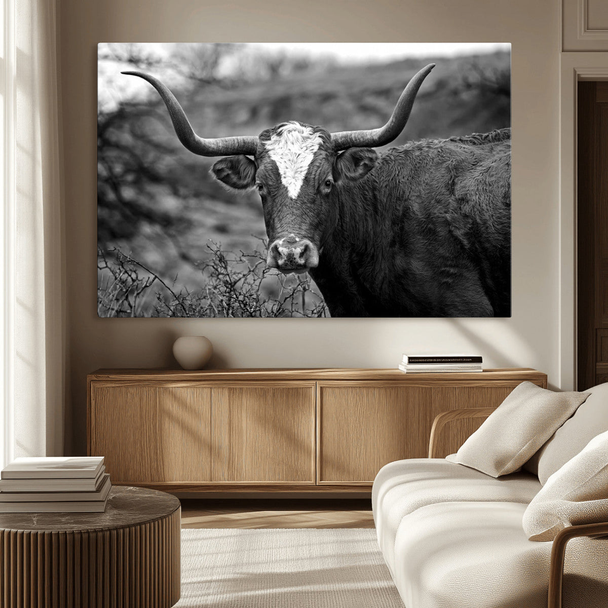 Western Home Wall Art Canvas Print, Framed Texas Longhorn