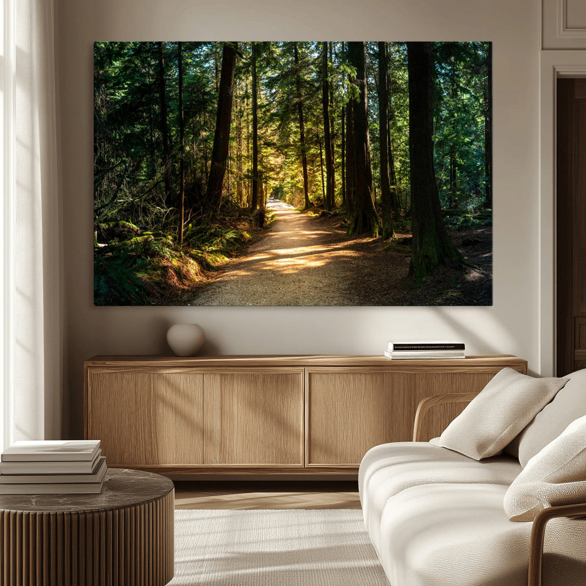 Sunlit Forest Pathway Canvas Print | 3 Panel Large Nature