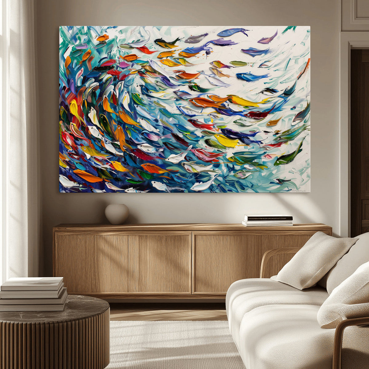 Modern Abstract Fish Shoal Wall Art Canvas Print, Colorful