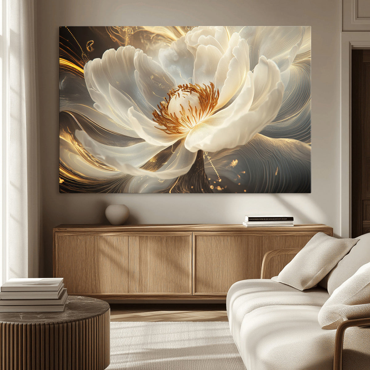 Gold Floral Wall Art Canvas Print, Framed Modern Flower Art