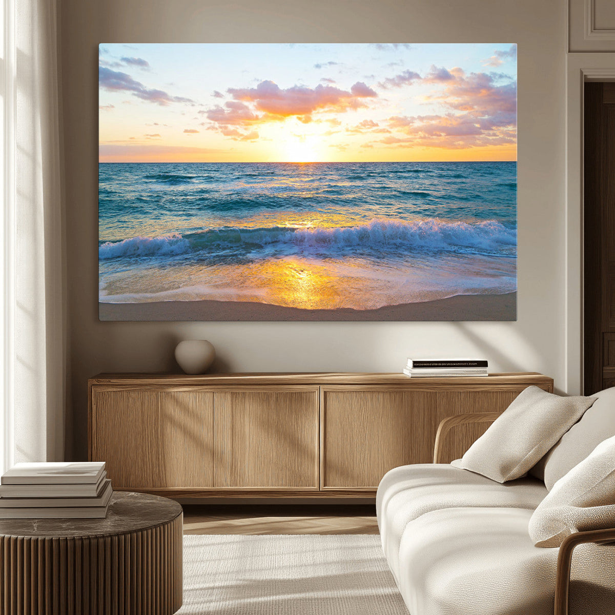Golden Sunset Over Ocean Waves - Serene Coastal Triptych