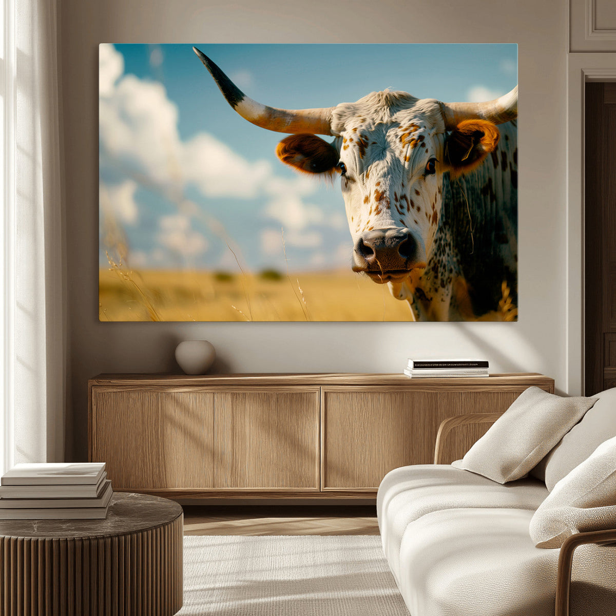 Longhorn in the Prairie - Stunning Ranch-Style Triptych Wall