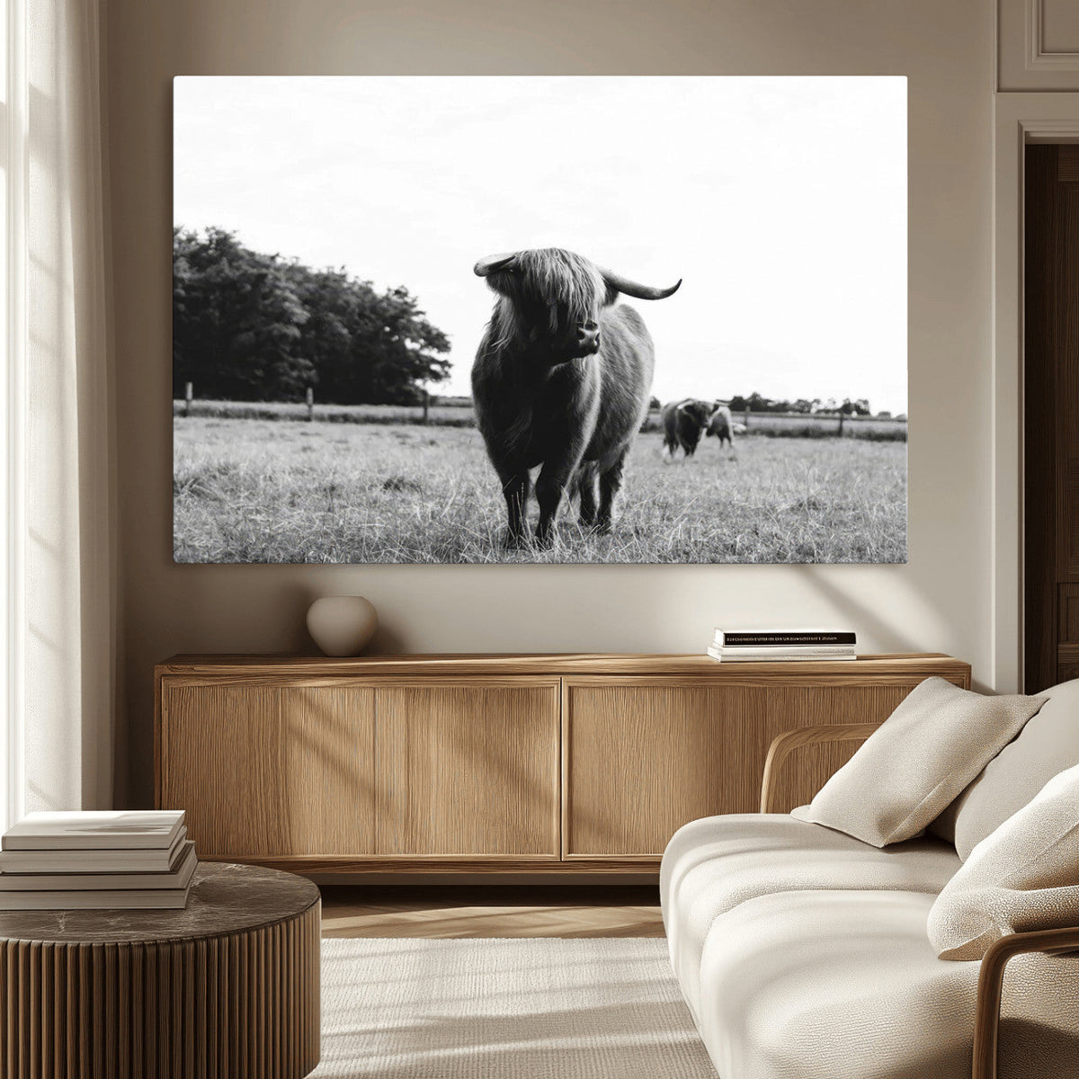 Black and White Highland Cow Wall Art Canvas Print | Rustic