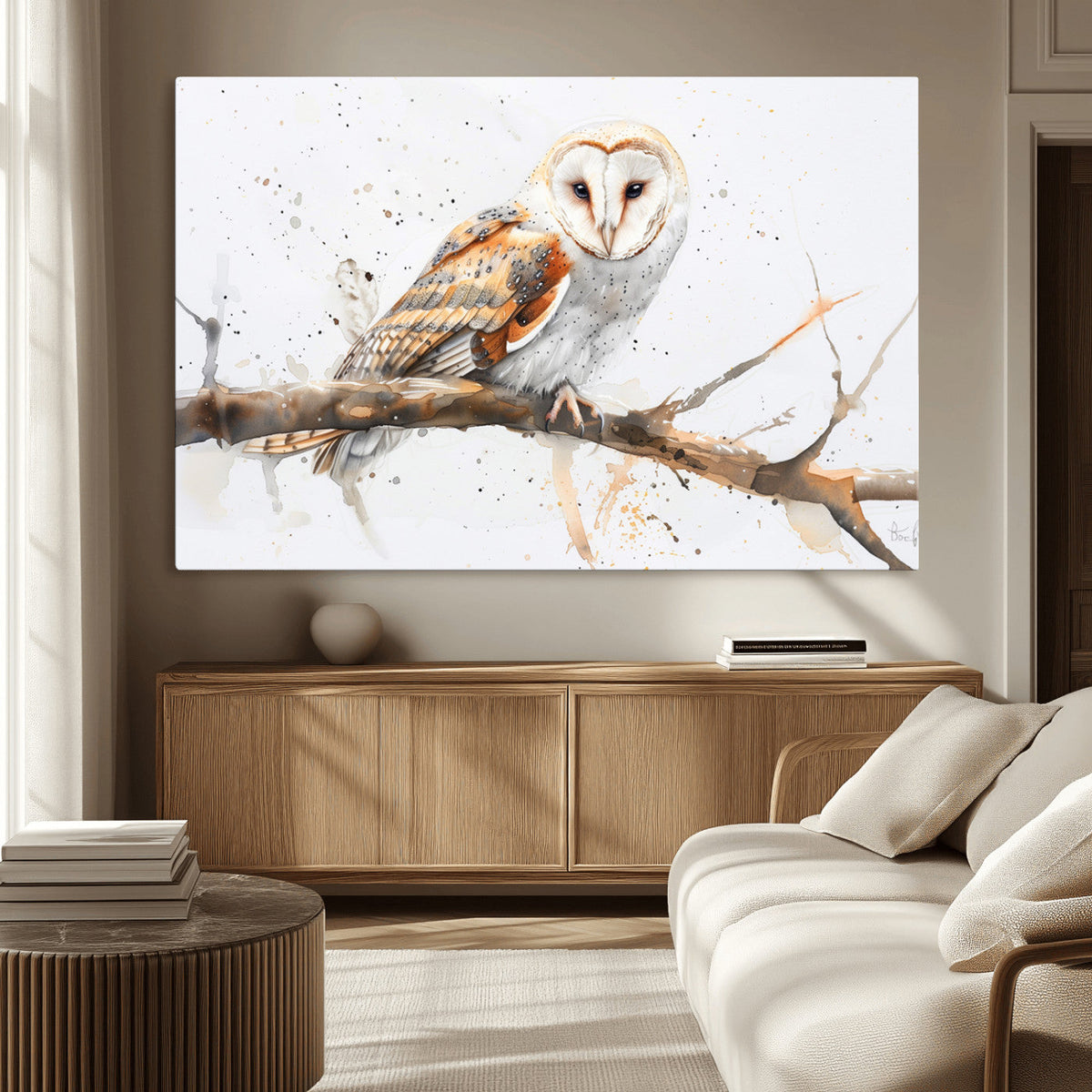 Barn Owl Wall Art on Branch | Stunning Canvas Print for
