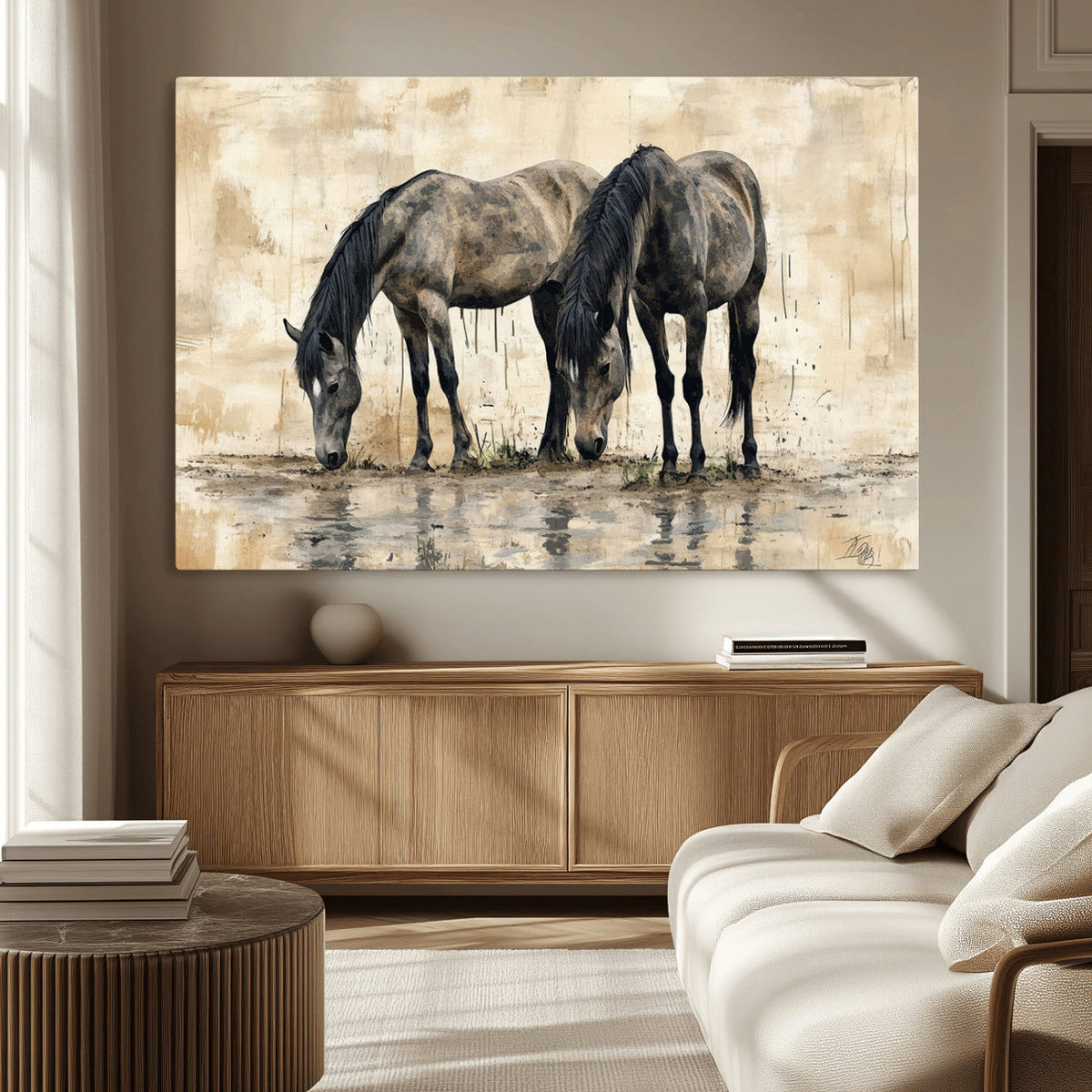Chinese Style Abstract Black Horses Wall Art Canvas Print -