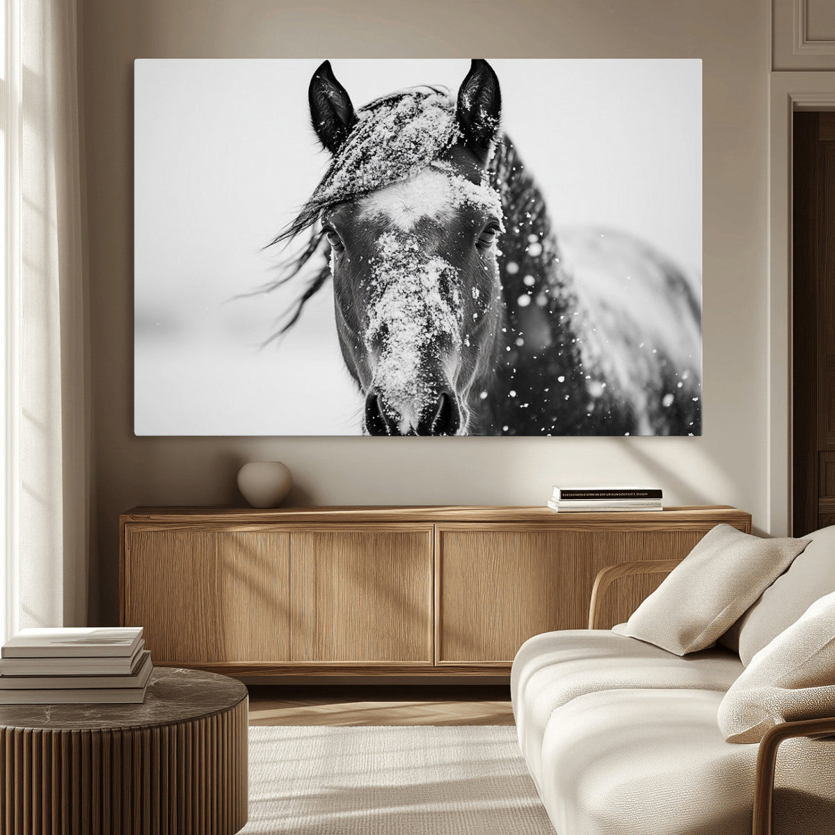 Western Wall Art | Black and White Winter Horse Wall Art |