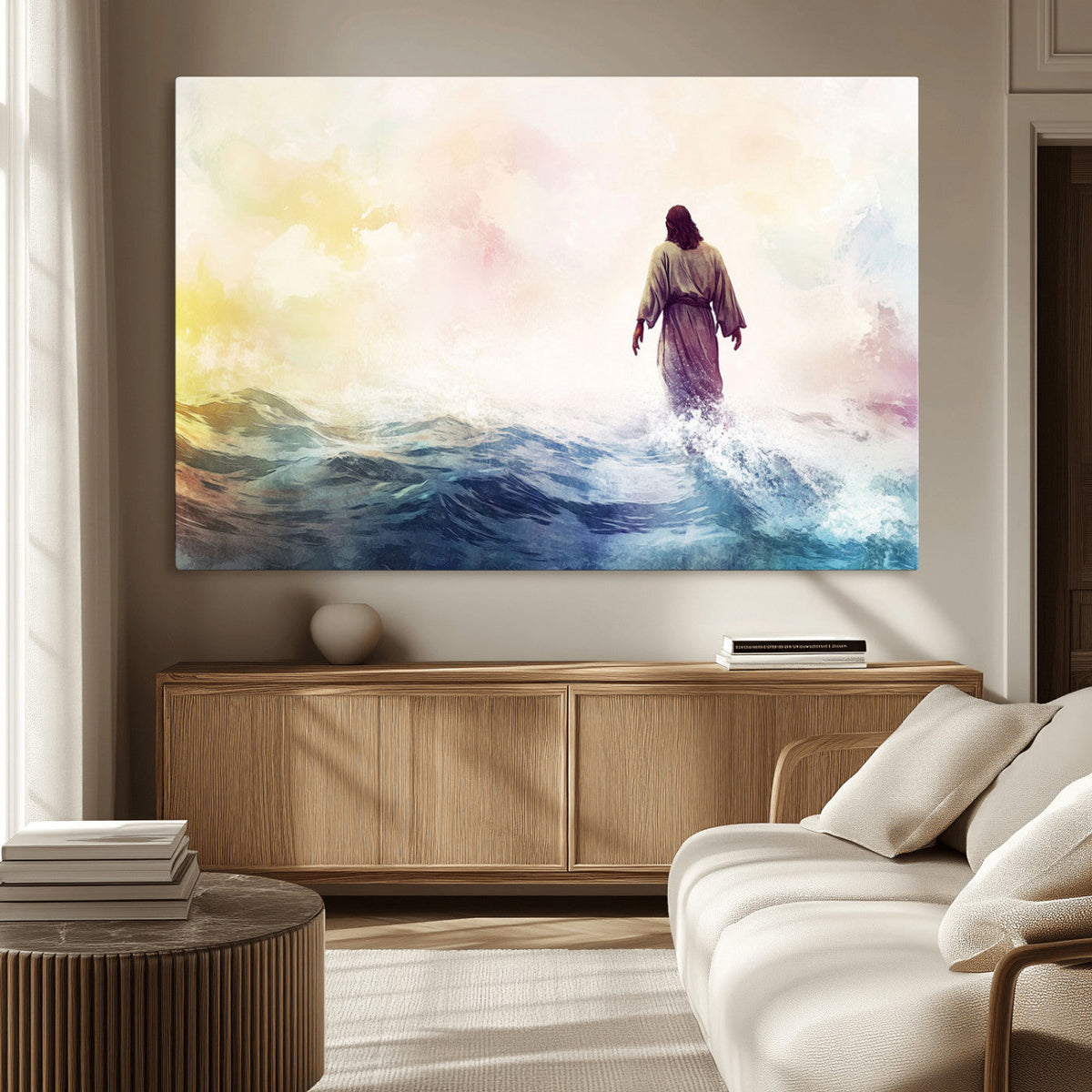 Watercolor Jesus Walking on Water Canvas Print, Christian