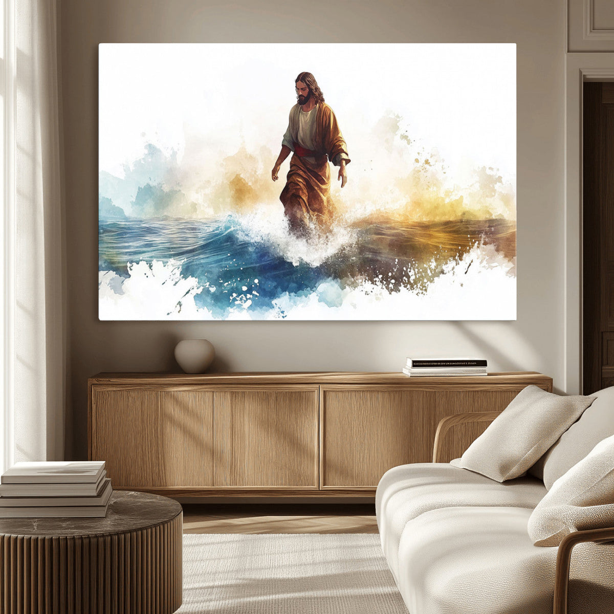 Watercolor Jesus Walking Wall Art Print, Jesus Water Canvas