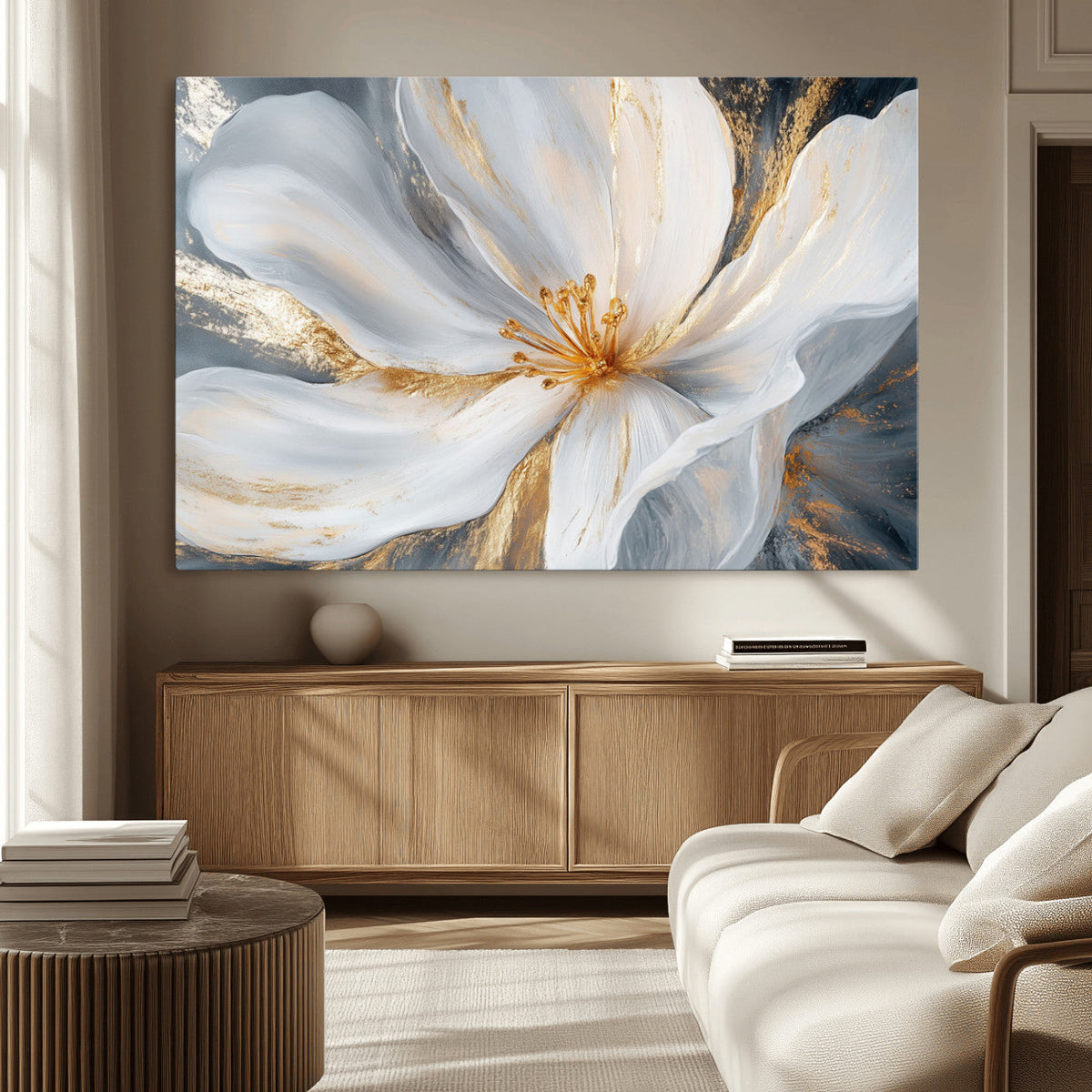 White and Gold Floral Canvas Wall Art - Framed and Ready to