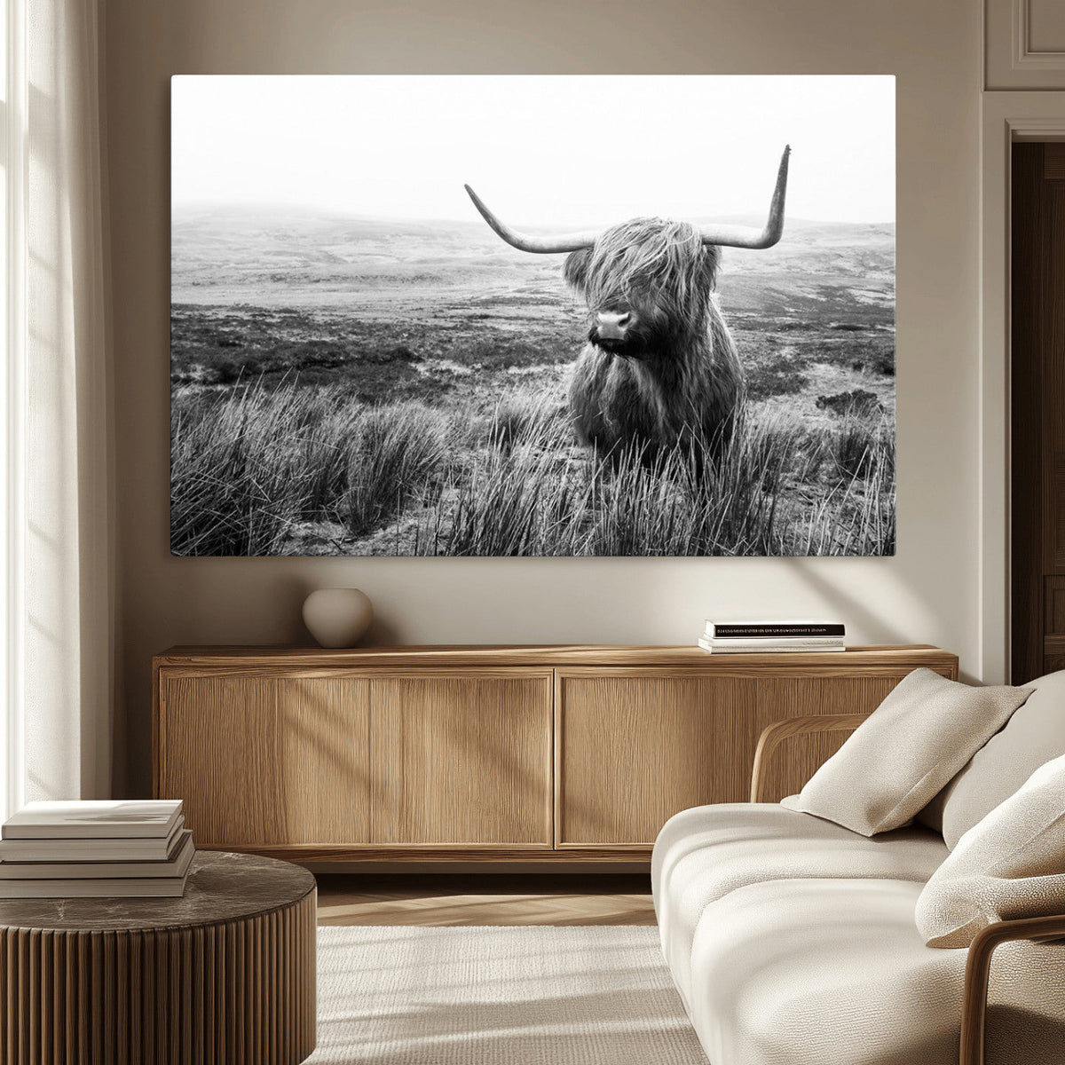 Scottish Highland Cow Wall Art | Black and White Canvas