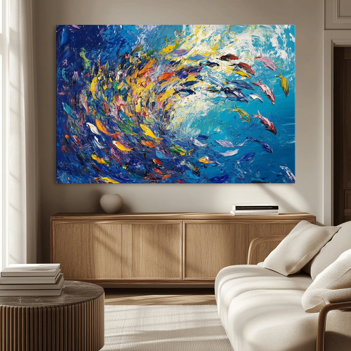 Colorful Swirling Fish School Wall Art Canvas Print |