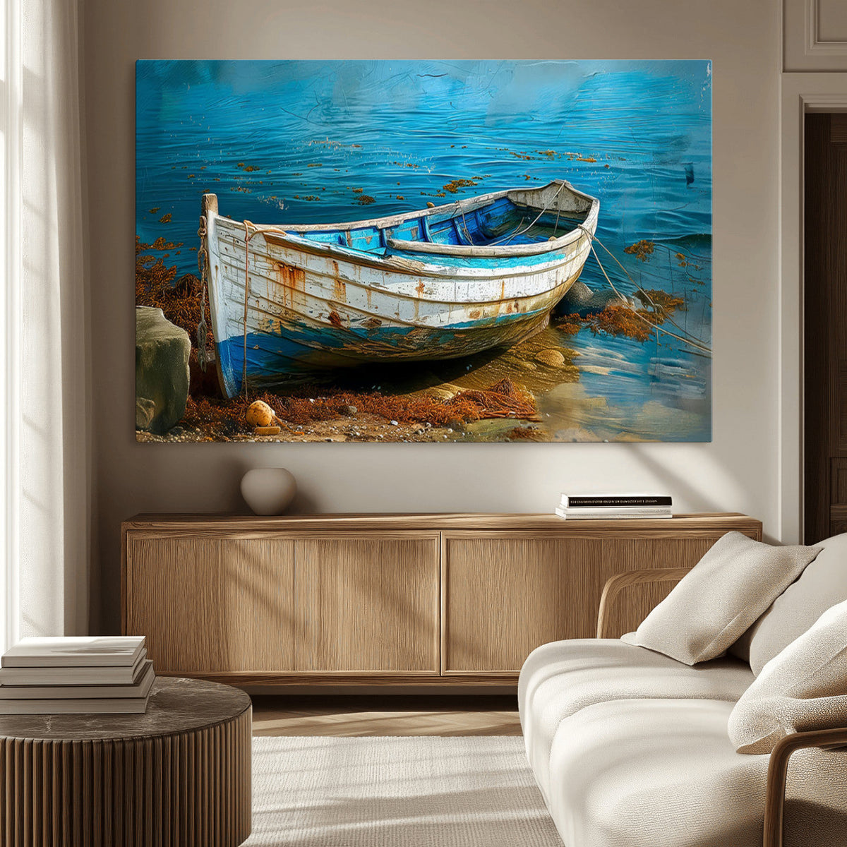 Vintage Boat on Tranquil Waters | Coastal Wall Art for