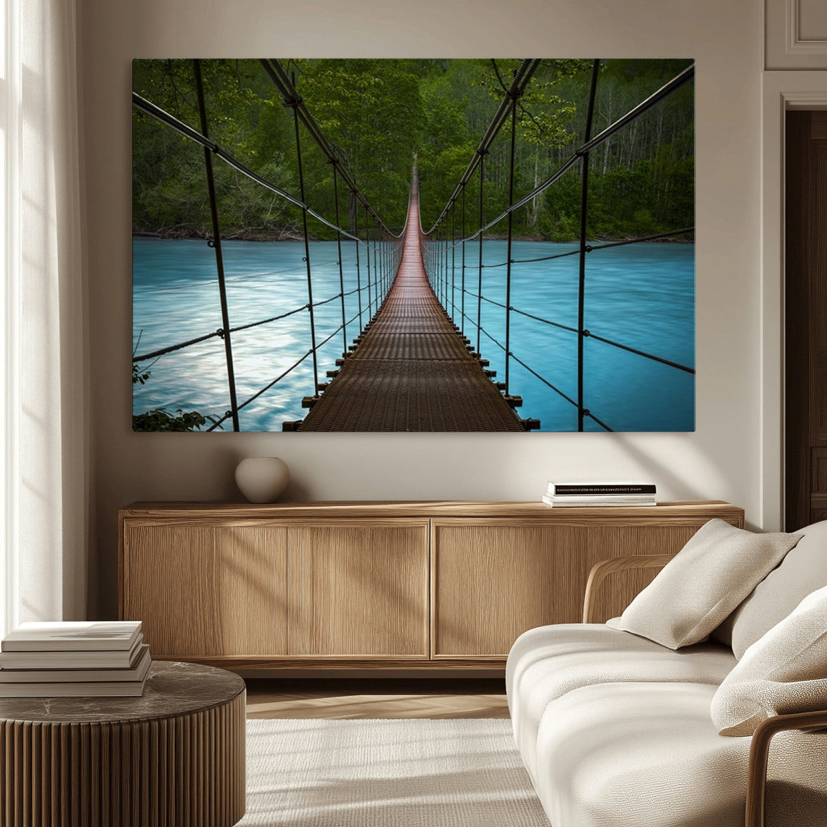 Suspension Bridge Over River Canvas Art | 3-Panel Nature