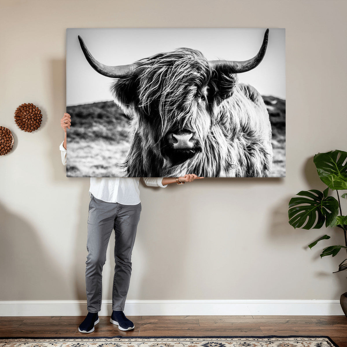 Black and White Scottish Cow Canvas Wall Art Highland Cattle