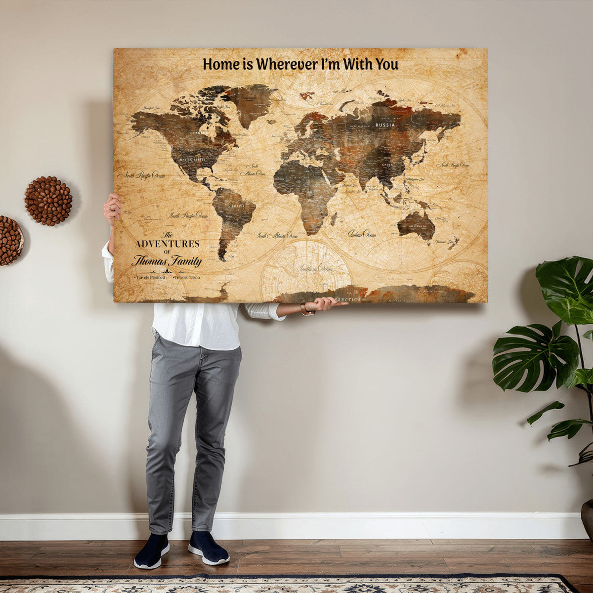 Vintage World Map Canvas Wall Art Print, Personalized